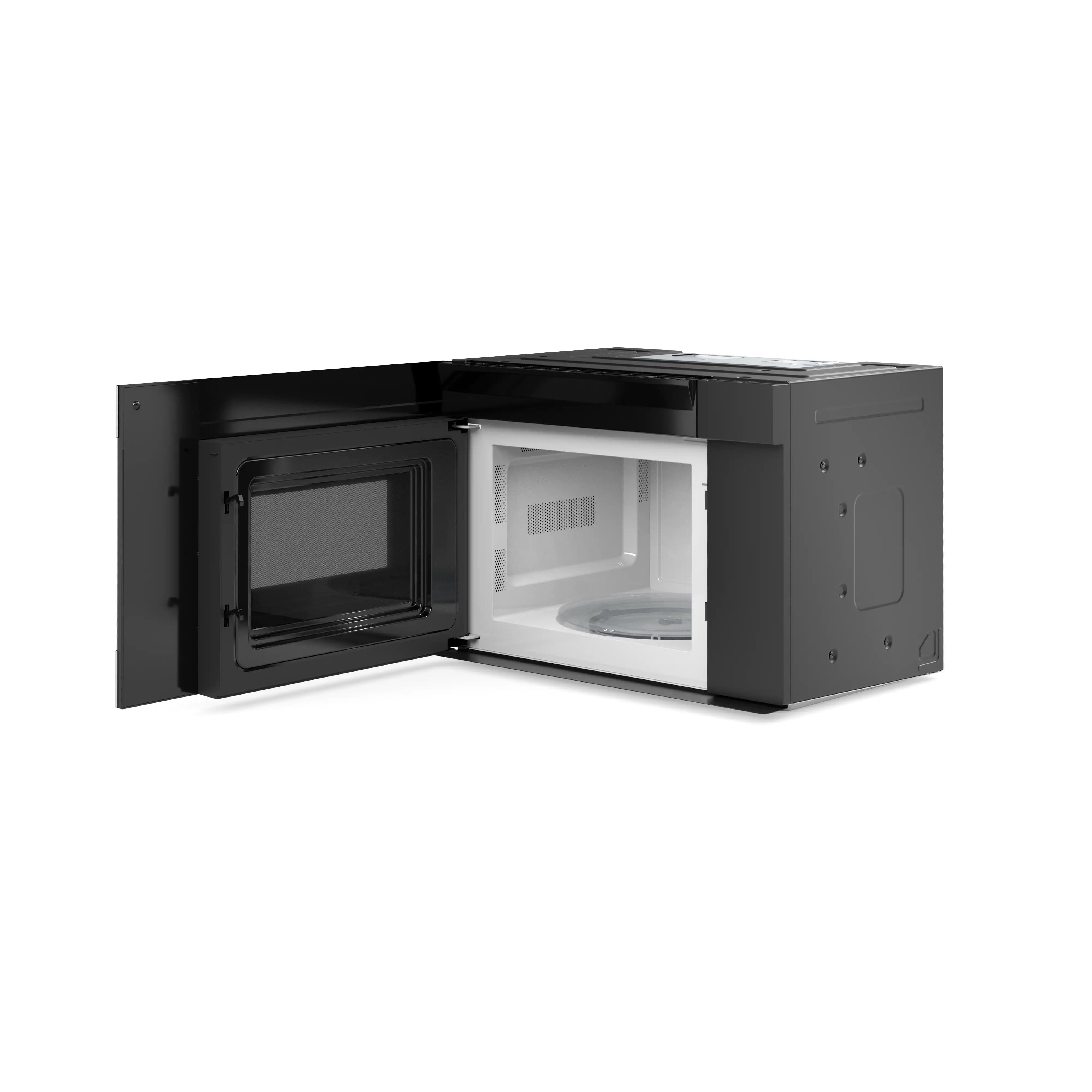 Thor Kitchen over-the-range microwave and vent hood, door open, stainless interior frame