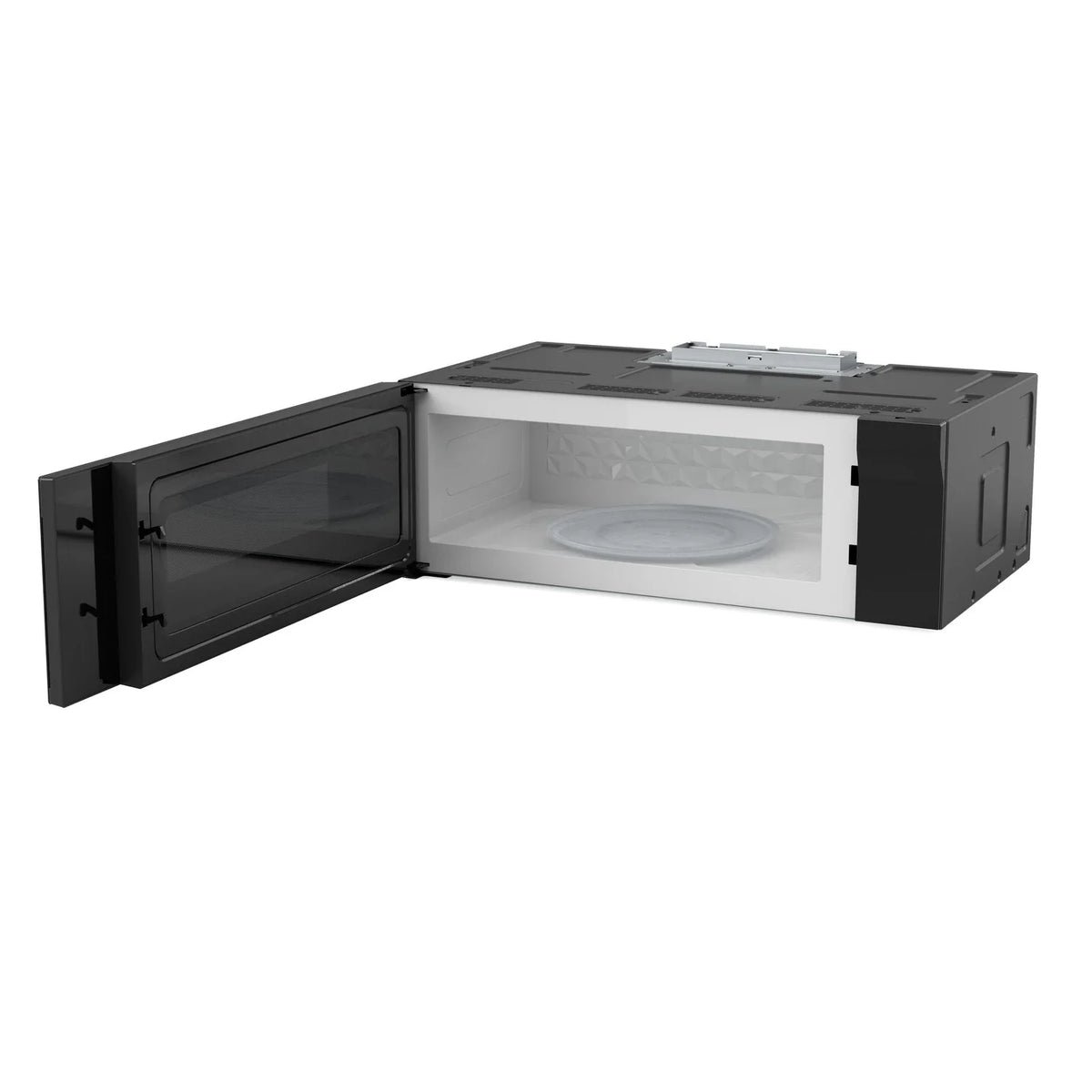 Microwave door open showing interior and turntable platform