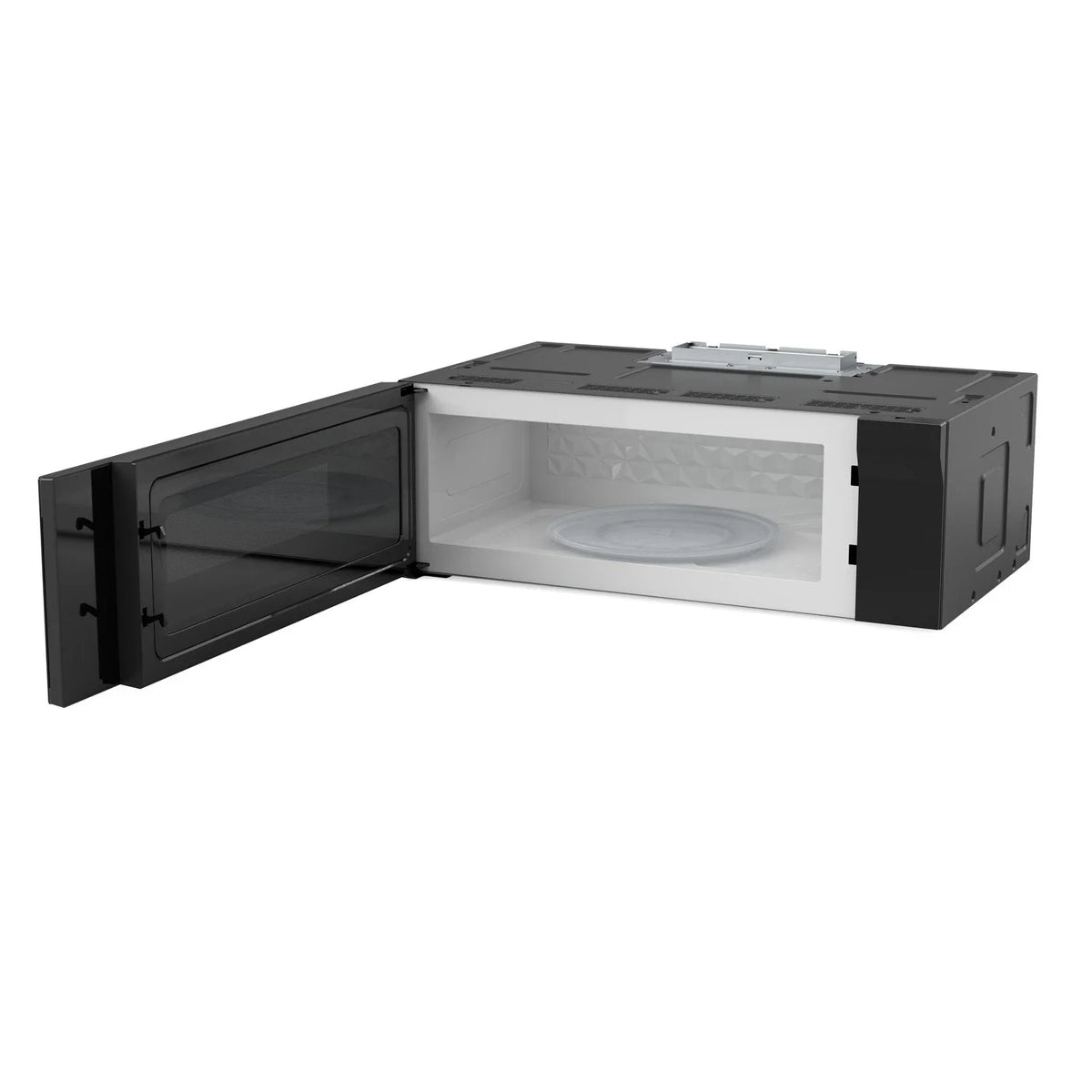 Thor Kitchen over-the-range slim microwave and vent hood, open door showing turntable area