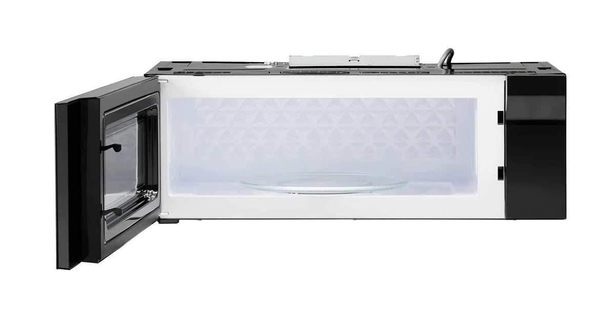 Thor microwave with open door showing lit interior and glass turntable area