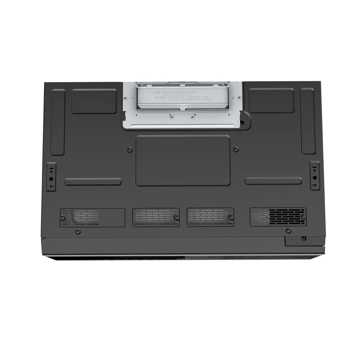 Over-the-range microwave underside view with label panel and vent openings