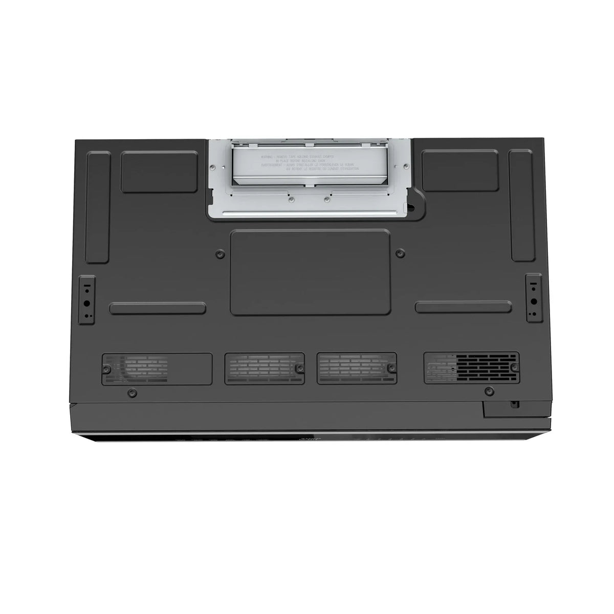 Black over-the-range microwave oven rear access panel with vent openings