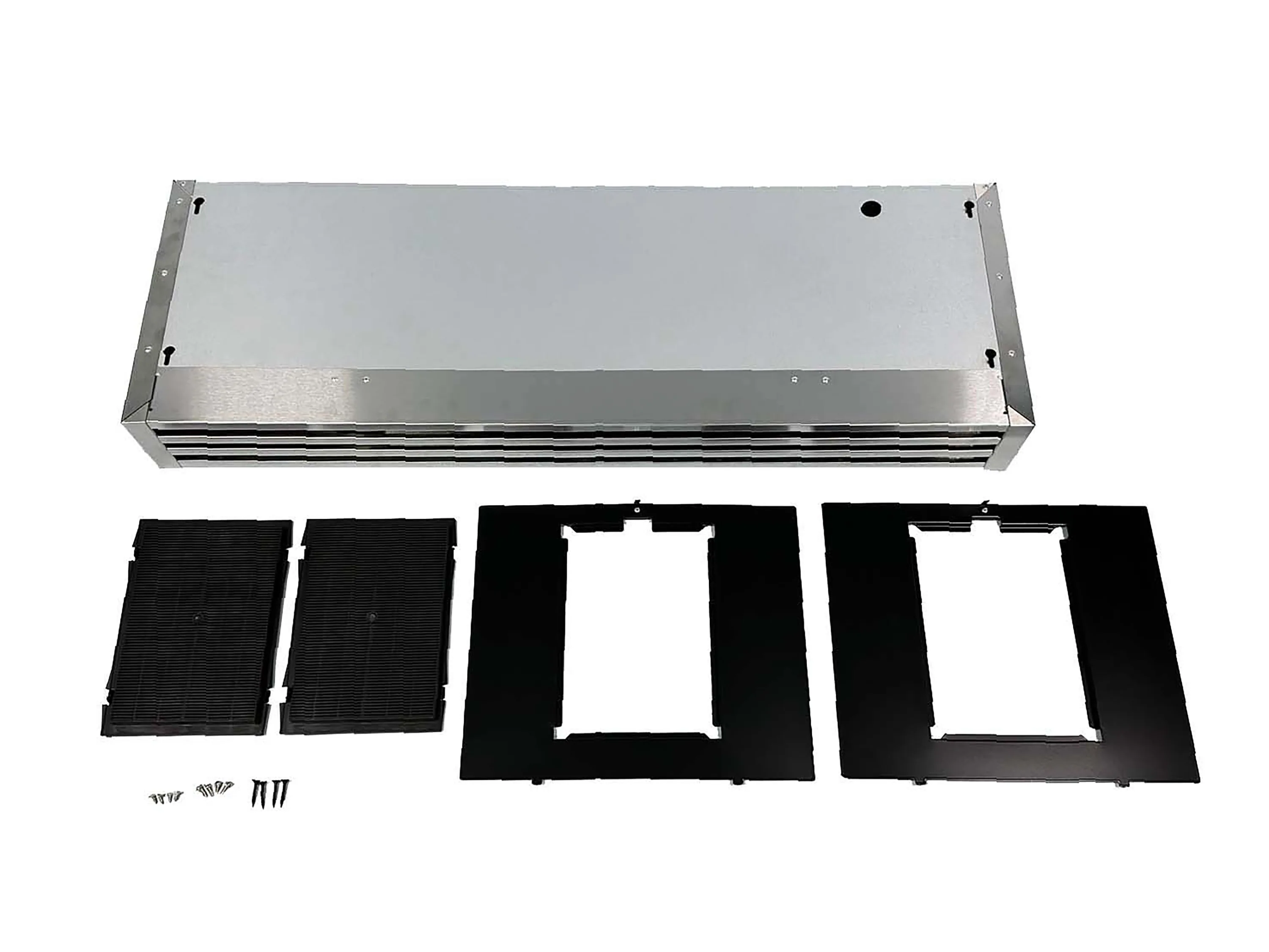 Recirculating range hood kit: stainless hood cover with black filter panels and mounting parts