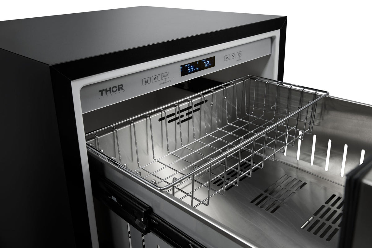 Stainless steel undercounter refrigerator with open top drawer and wire racks inside