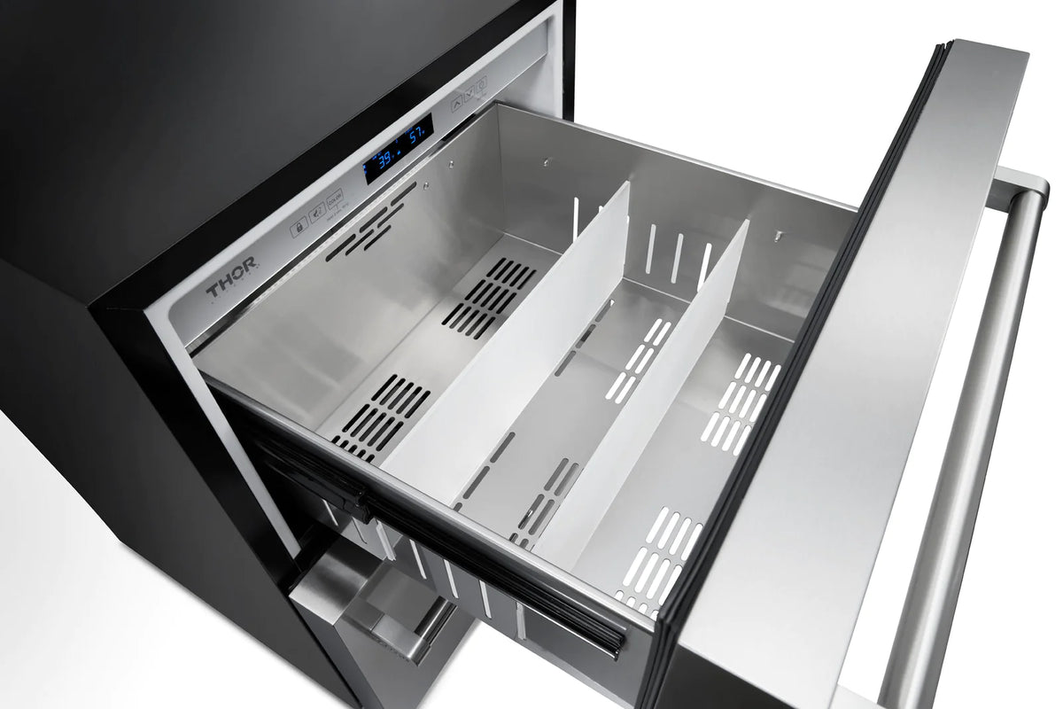 Stainless steel double drawer refrigerator/freezer with top drawer open and vented interior