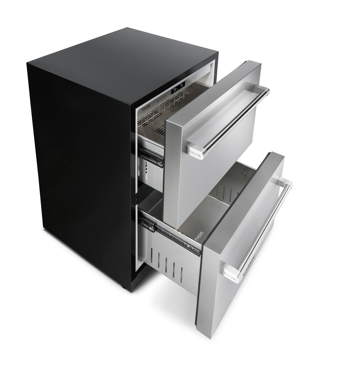 Stainless steel undercounter double-drawer refrigerator with drawers extended for access
