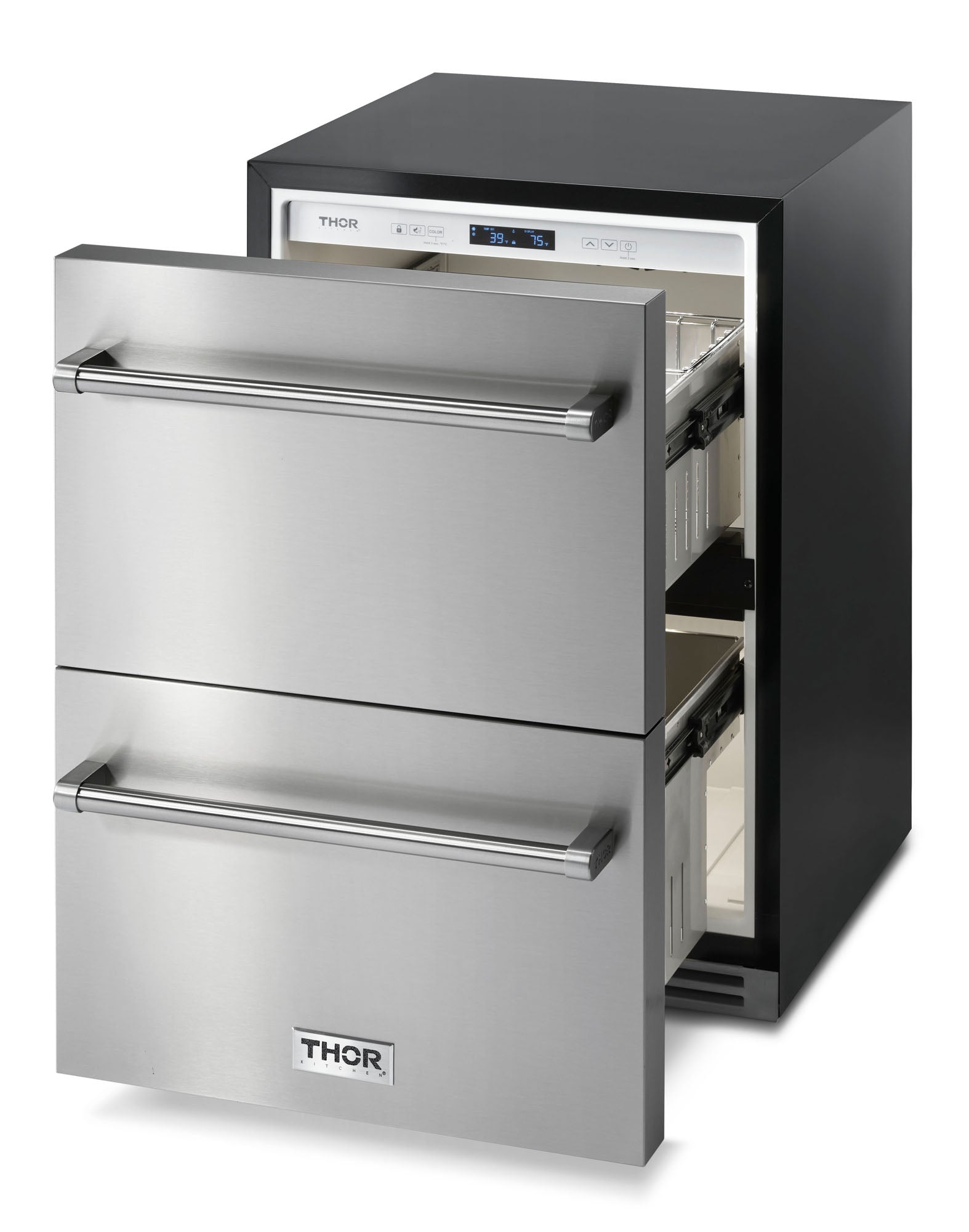 THOR outdoor gas grill with door open, two burner grates and control panel visible