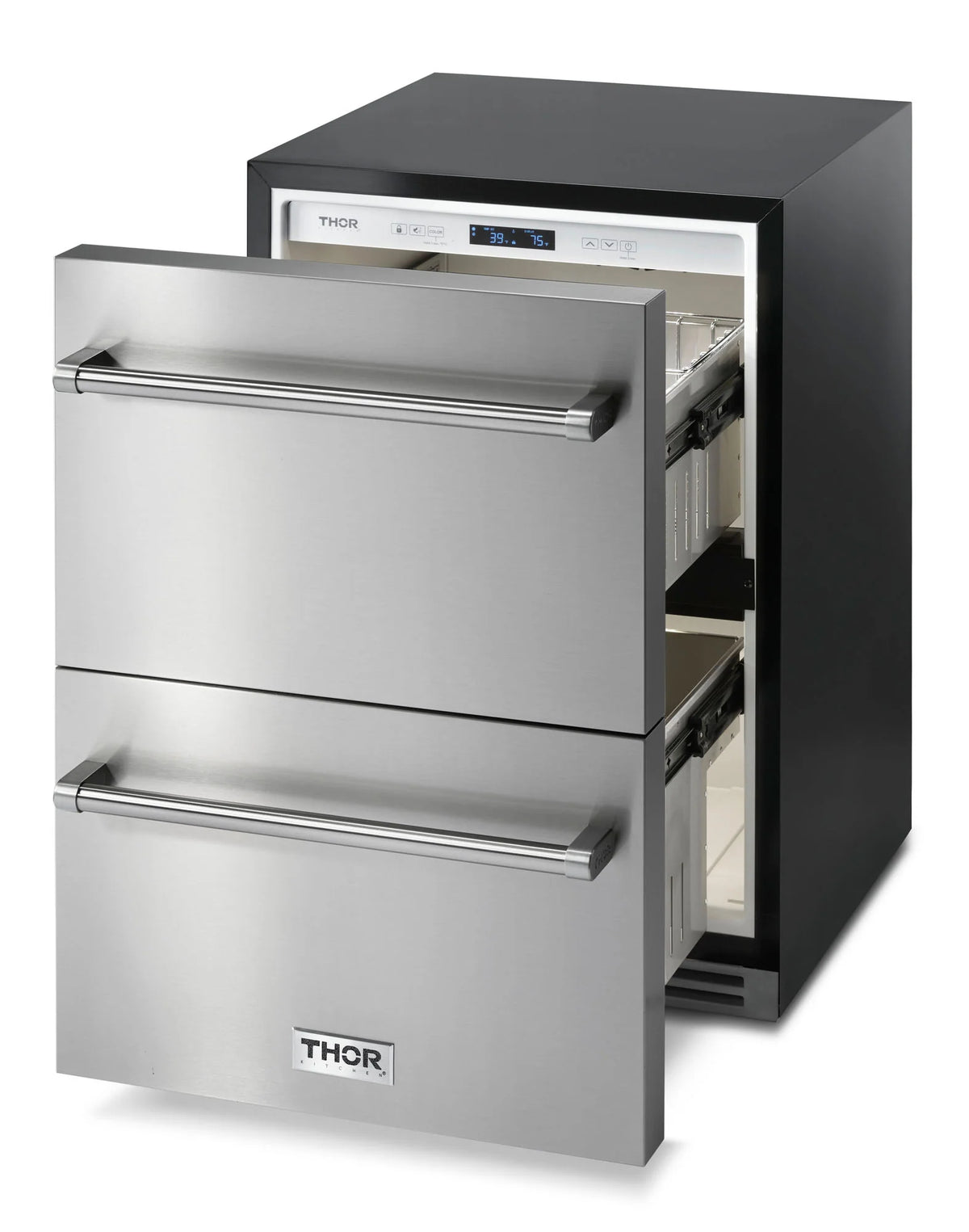 Stainless steel double-drawer refrigerator and freezer with front drawer open