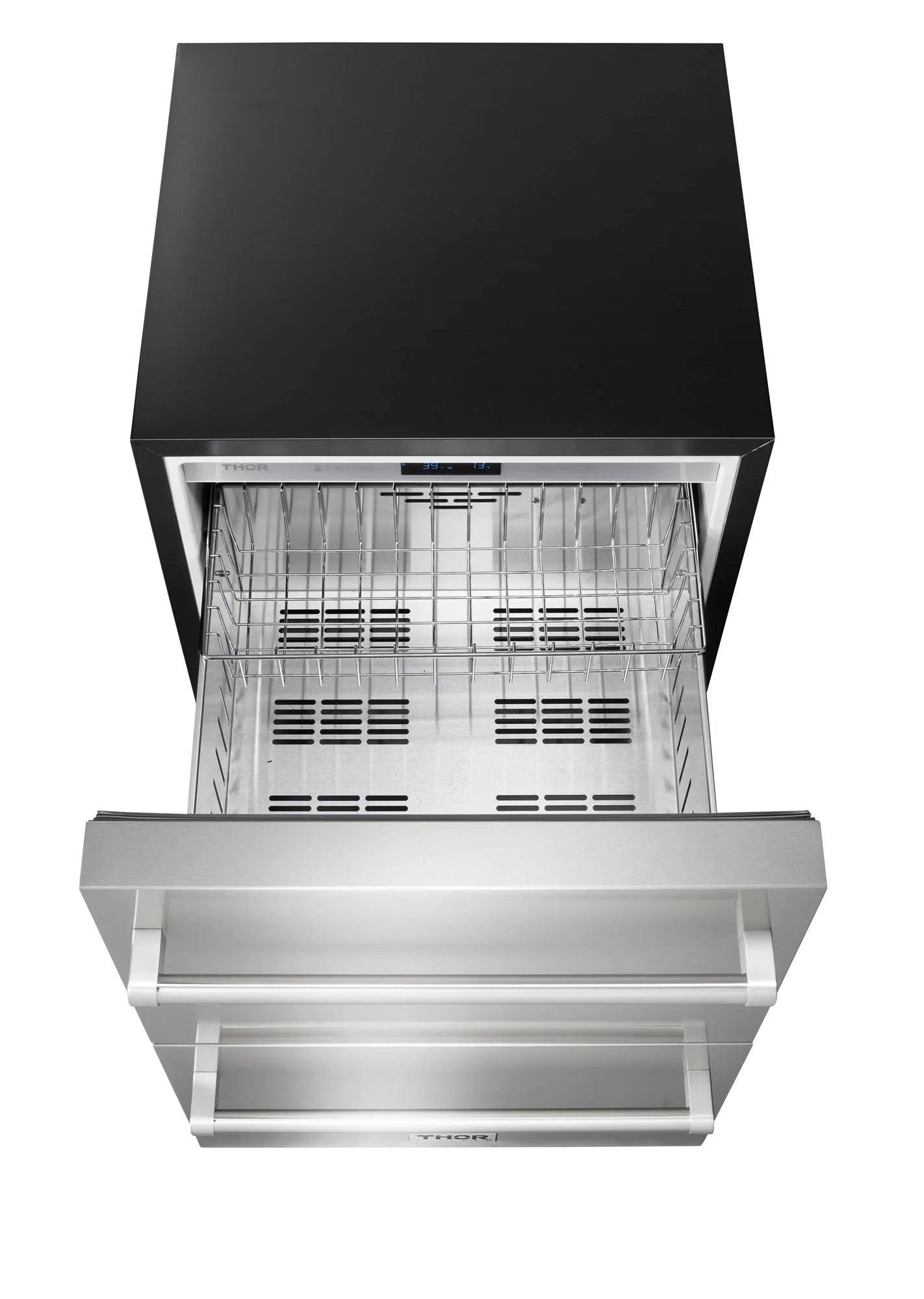 Stainless steel double-drawer refrigerator and freezer with top open storage compartments