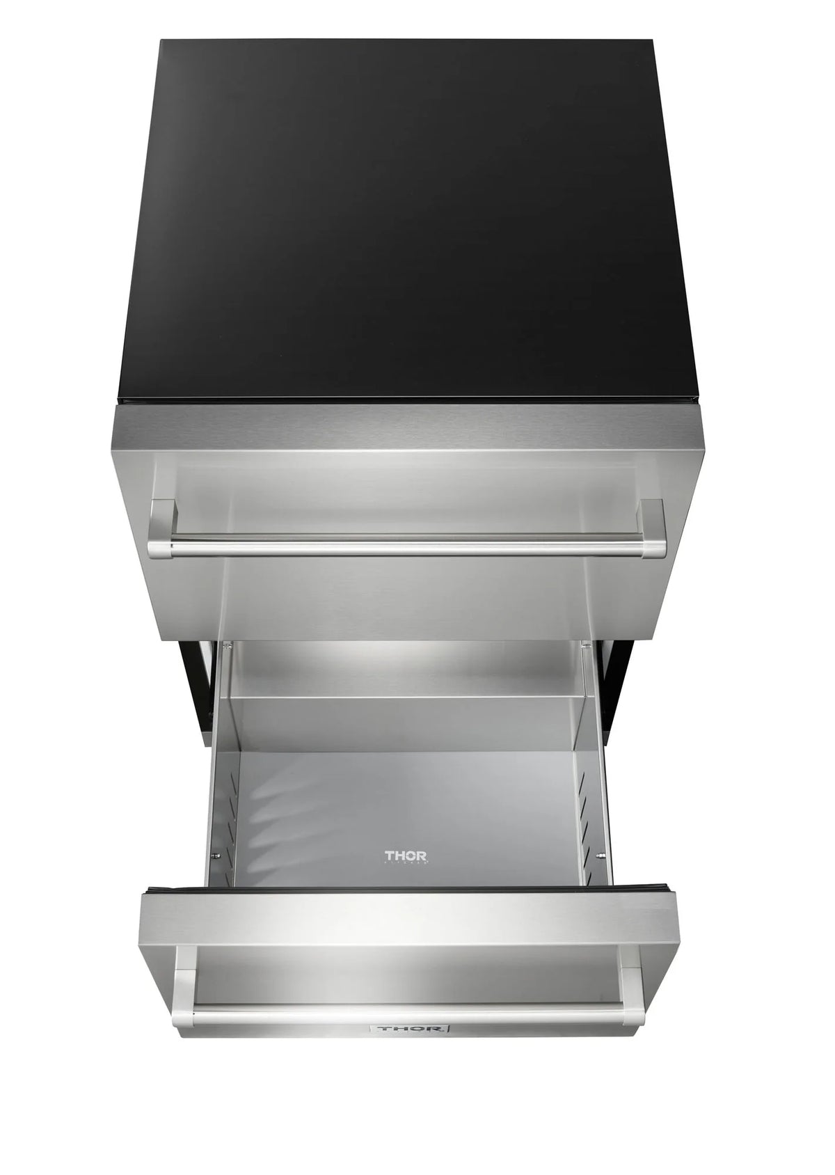 Outdoor grill hood open to reveal empty lower compartments and THOR branding