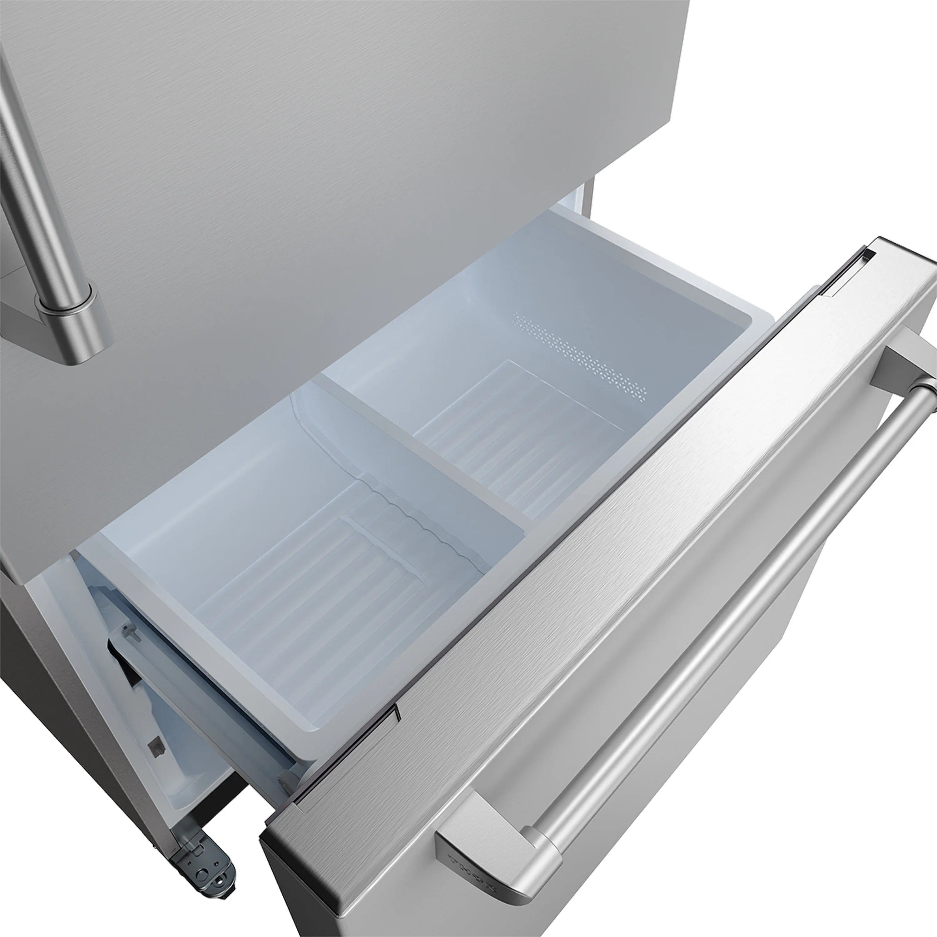 Open bottom-freezer drawer with transparent bins and pull-out handle