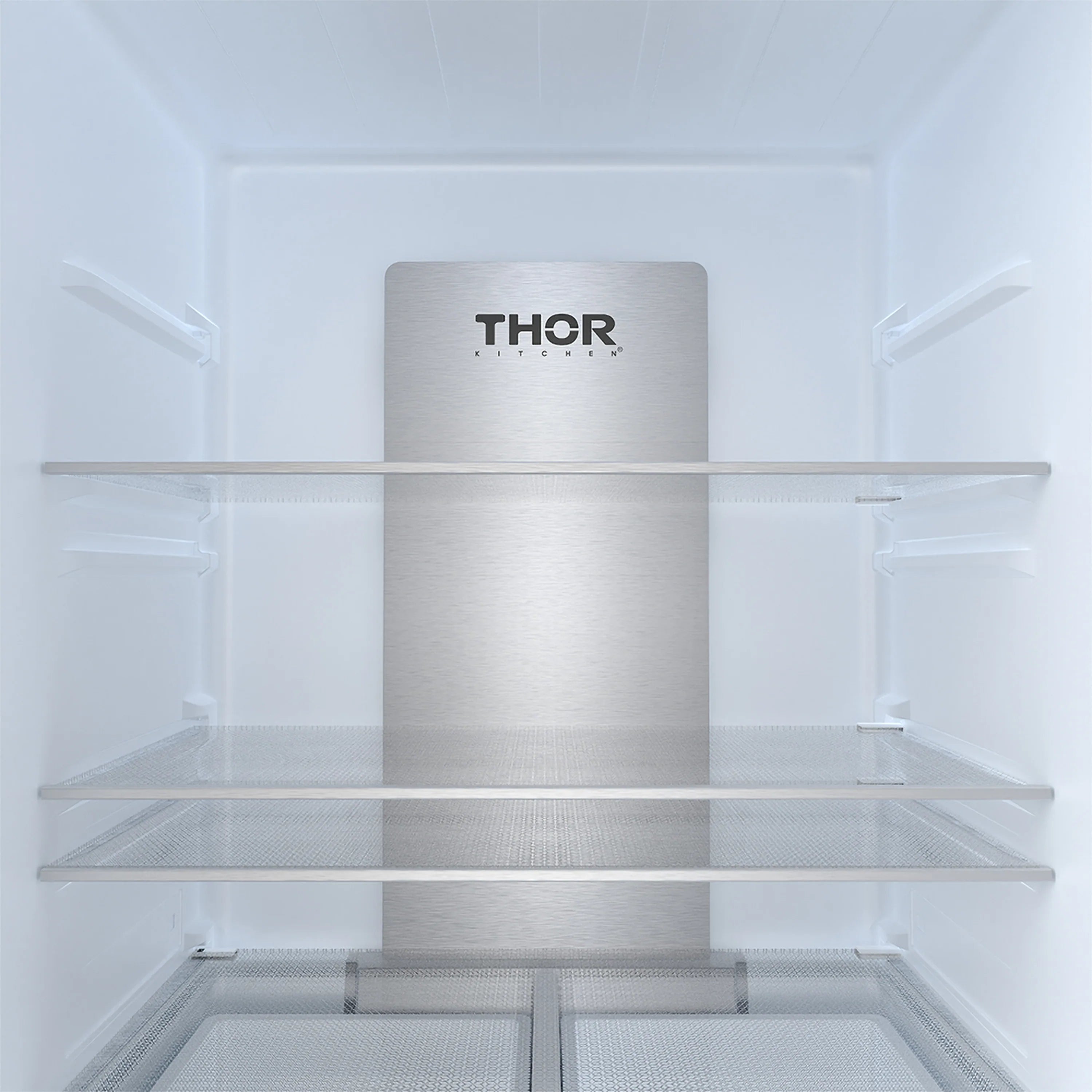 Bottom-freezer refrigerator interior with shelves and freezer drawers in stainless steel look