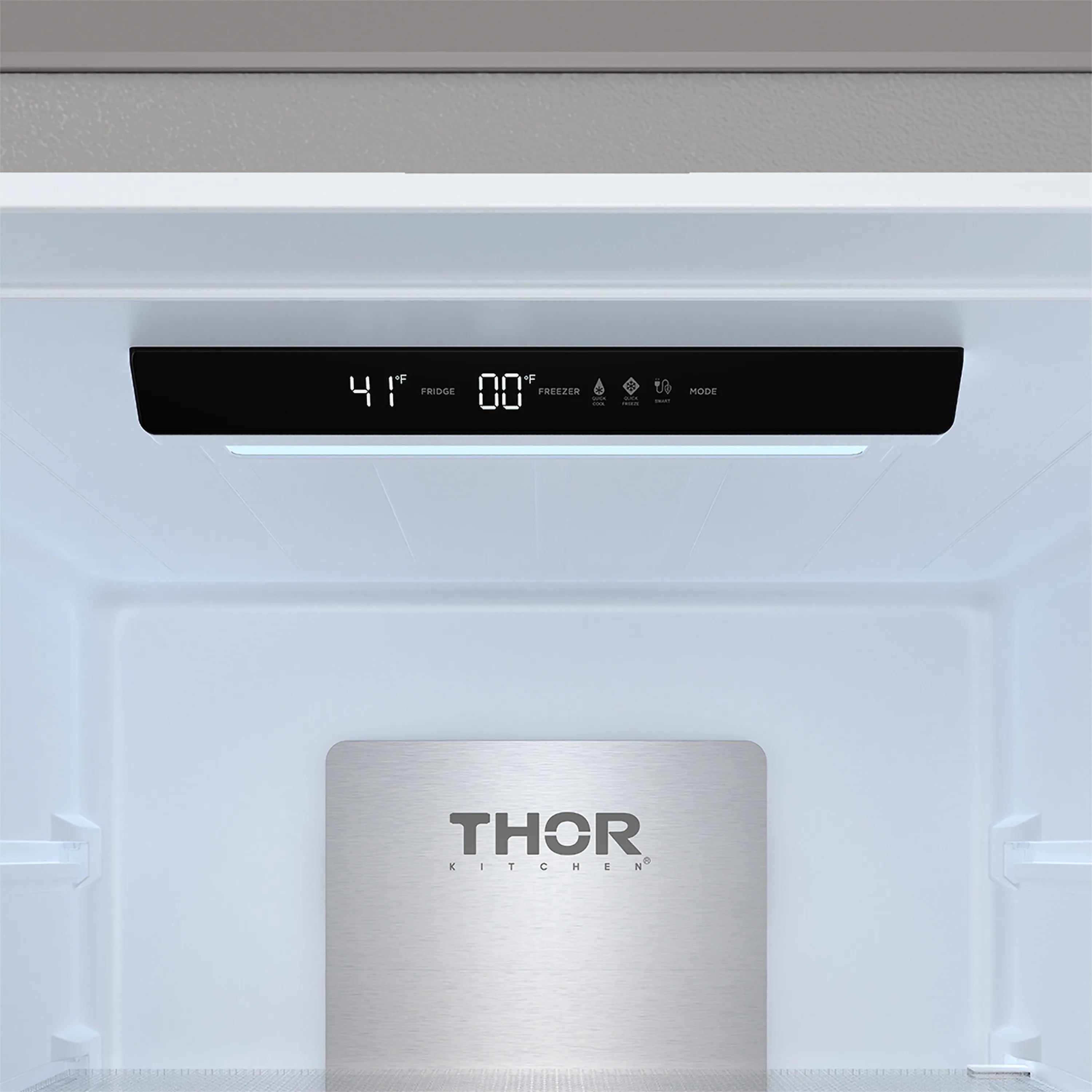 Refrigerator interior control panel with LED display and THOR logo