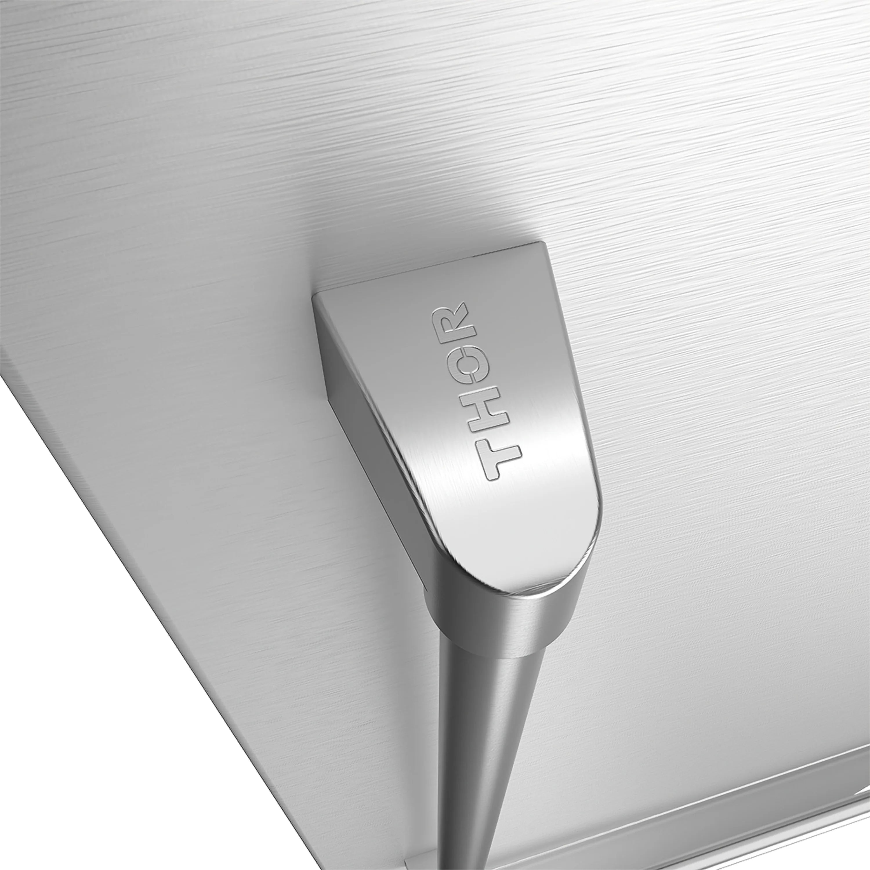 Stainless steel bottom freezer refrigerator handle, curved design.