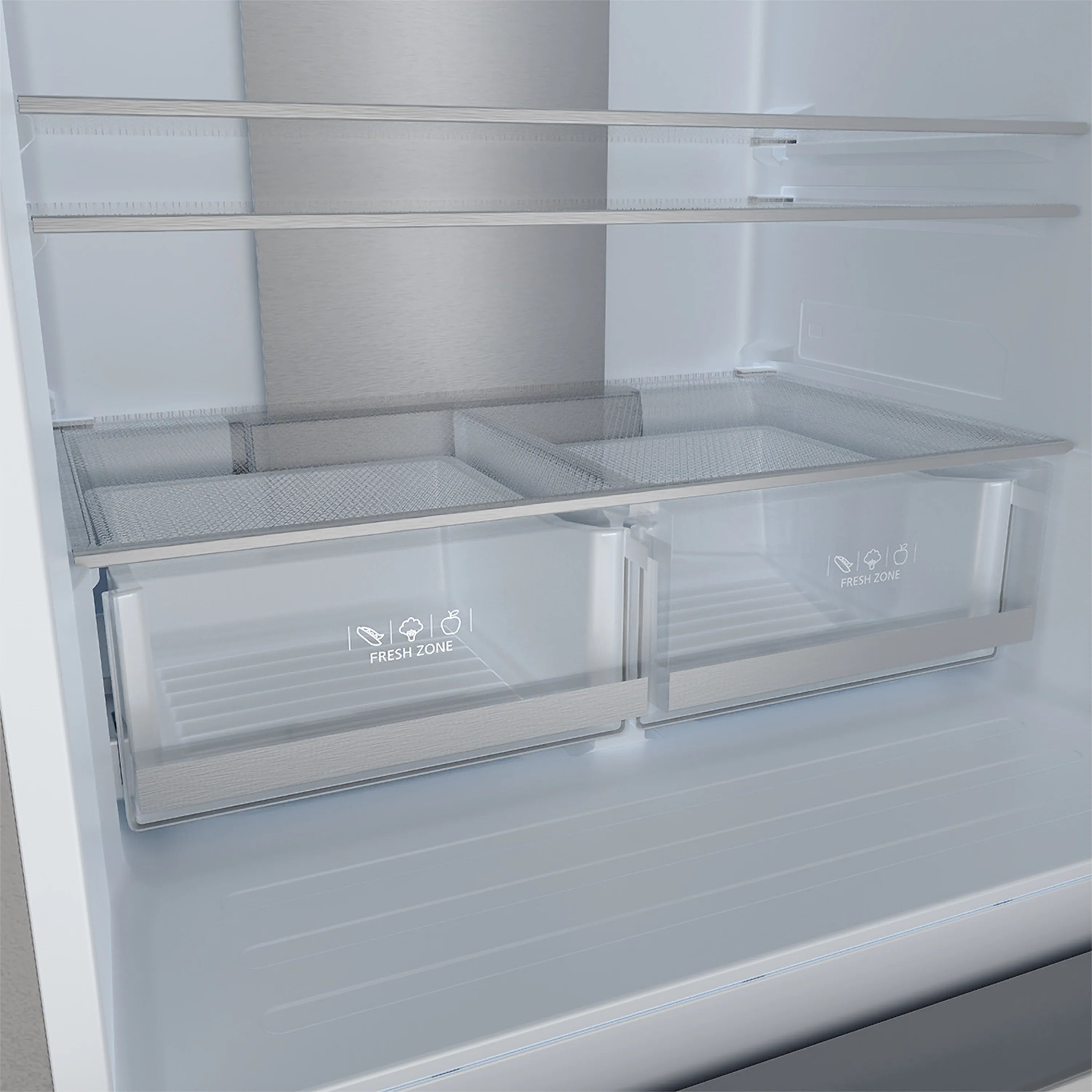 Bottom freezer drawers with clear bins and Frost Zone indicators