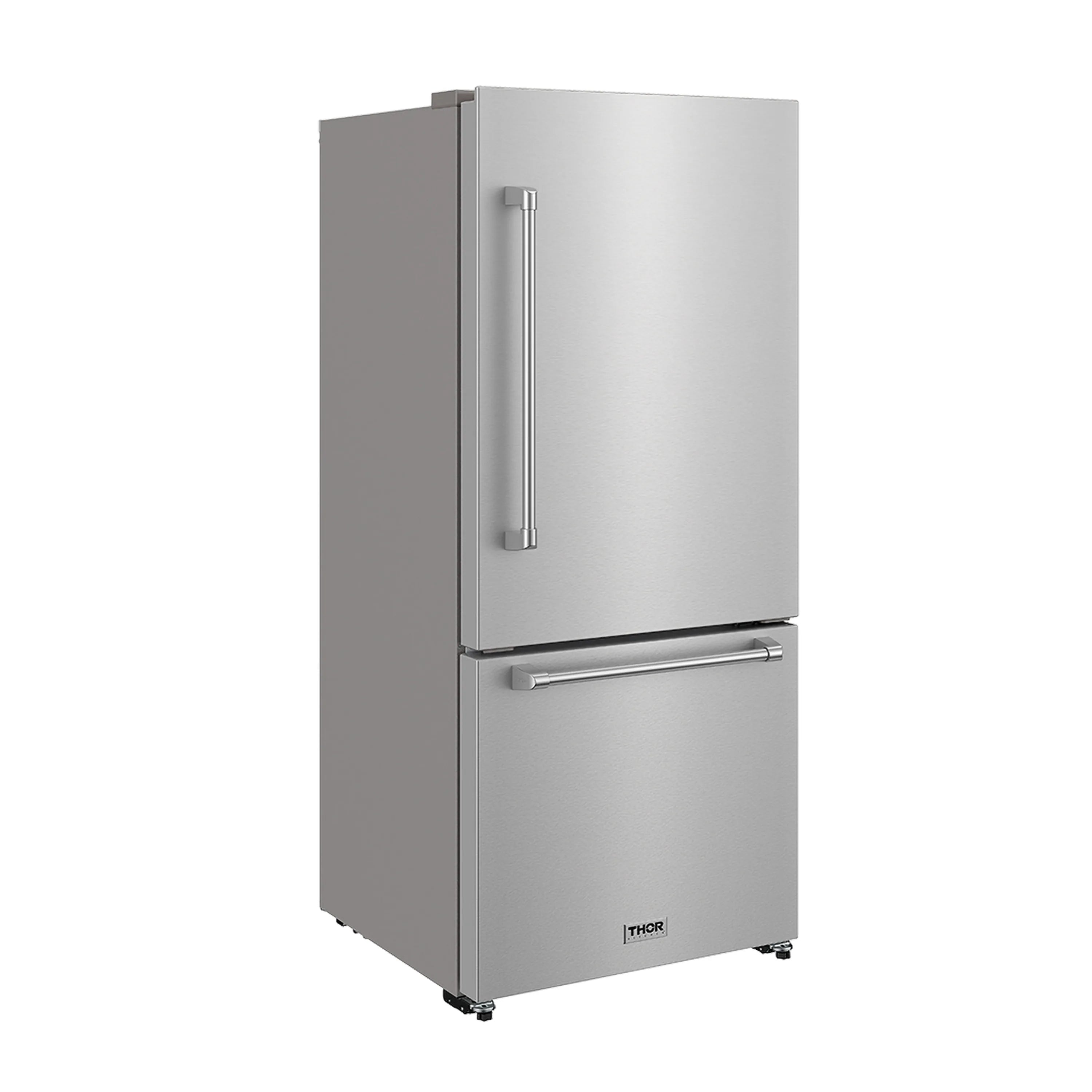 Stainless steel bottom-freezer refrigerator, side view with vertical handle and pull drawer