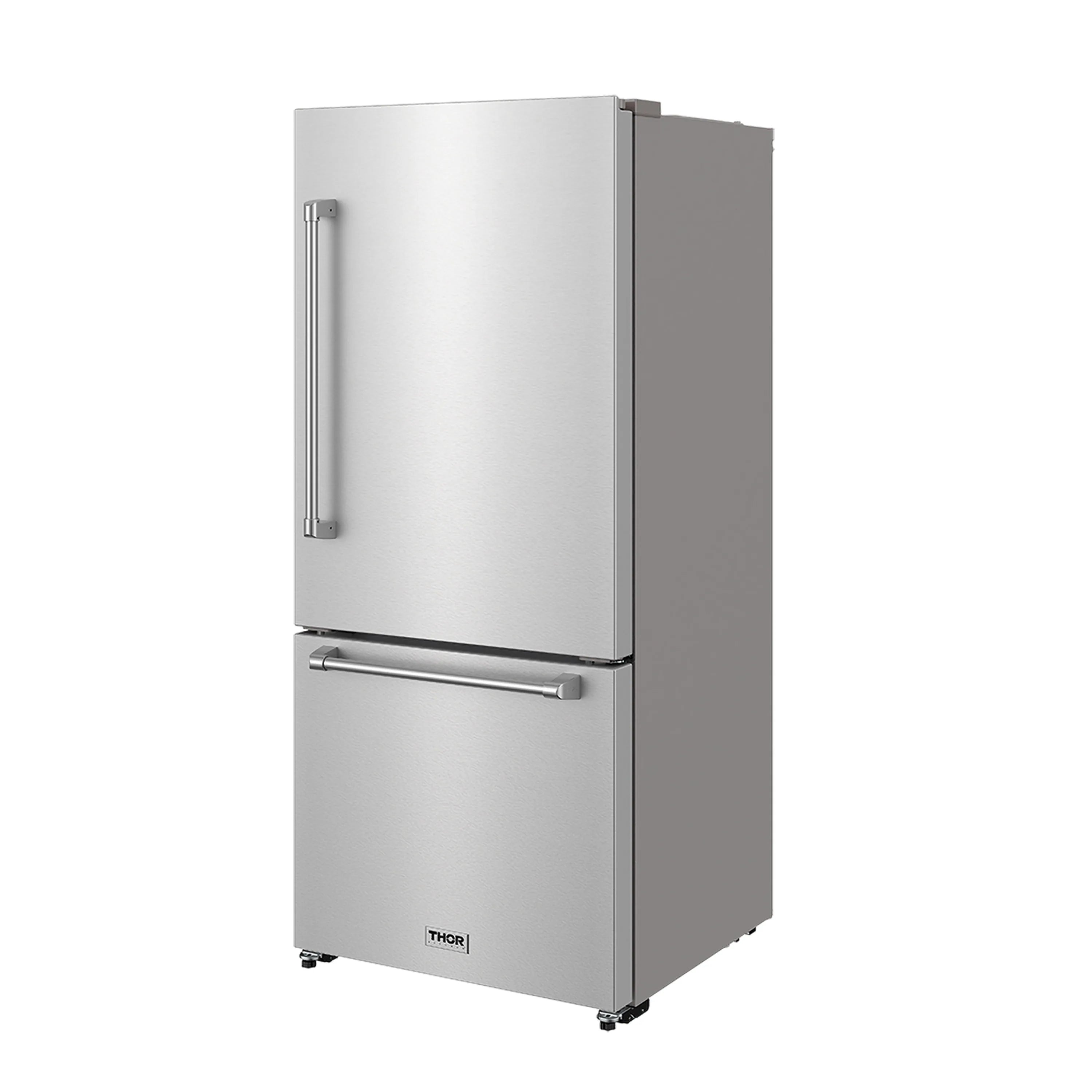 Stainless steel bottom-freezer refrigerator, angled side view with door handle and THOR logo
