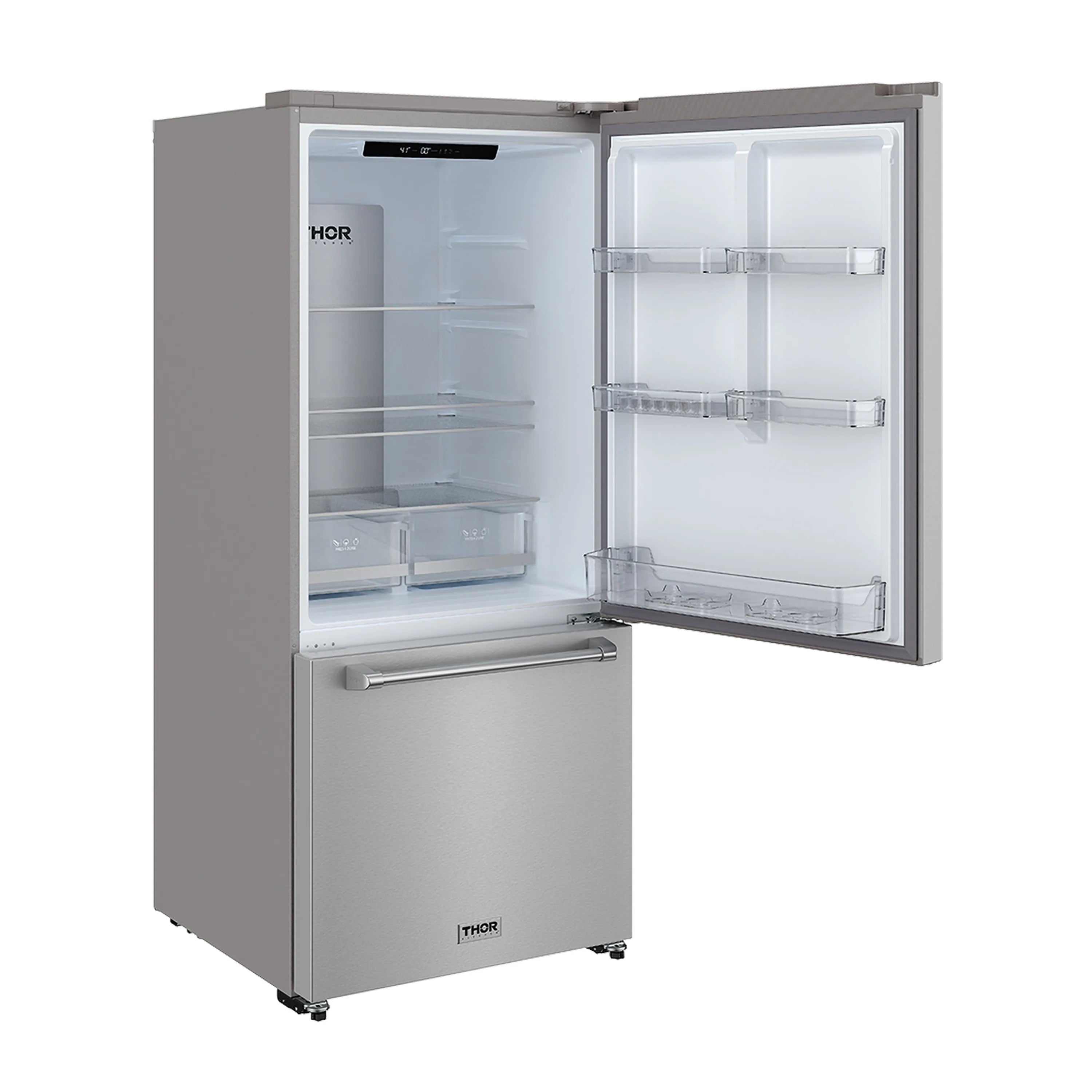 Stainless steel refrigerator with open door, interior shelves, and bottom freezer drawer