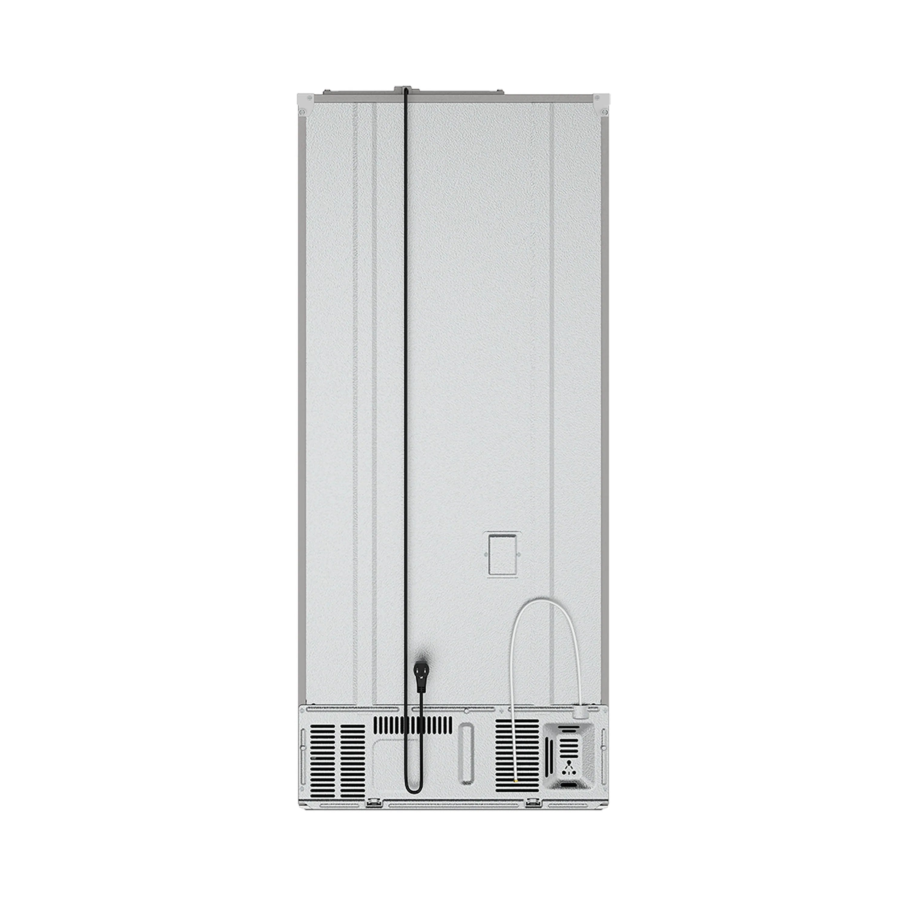 Refrigerator rear access panel with vents, ports, and leveling feet