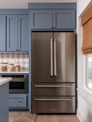 Stainless steel French door refrigerator with bottom freezer and vertical door handles