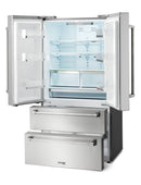 French door refrigerator with open doors, interior shelves, and bottom freezer drawer.