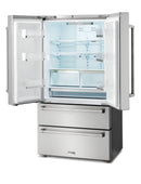 Open French door refrigerator showing glass shelves and a bottom freezer drawer.
