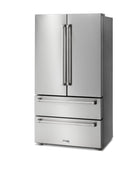 Stainless steel French door refrigerator with dispenser-style handles and ice maker.
