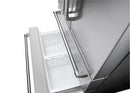 Freezer compartment interior with ice maker chute and plastic bin shelves.