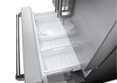 Freezer bin and shelving inside a French door refrigerator with ice maker area.