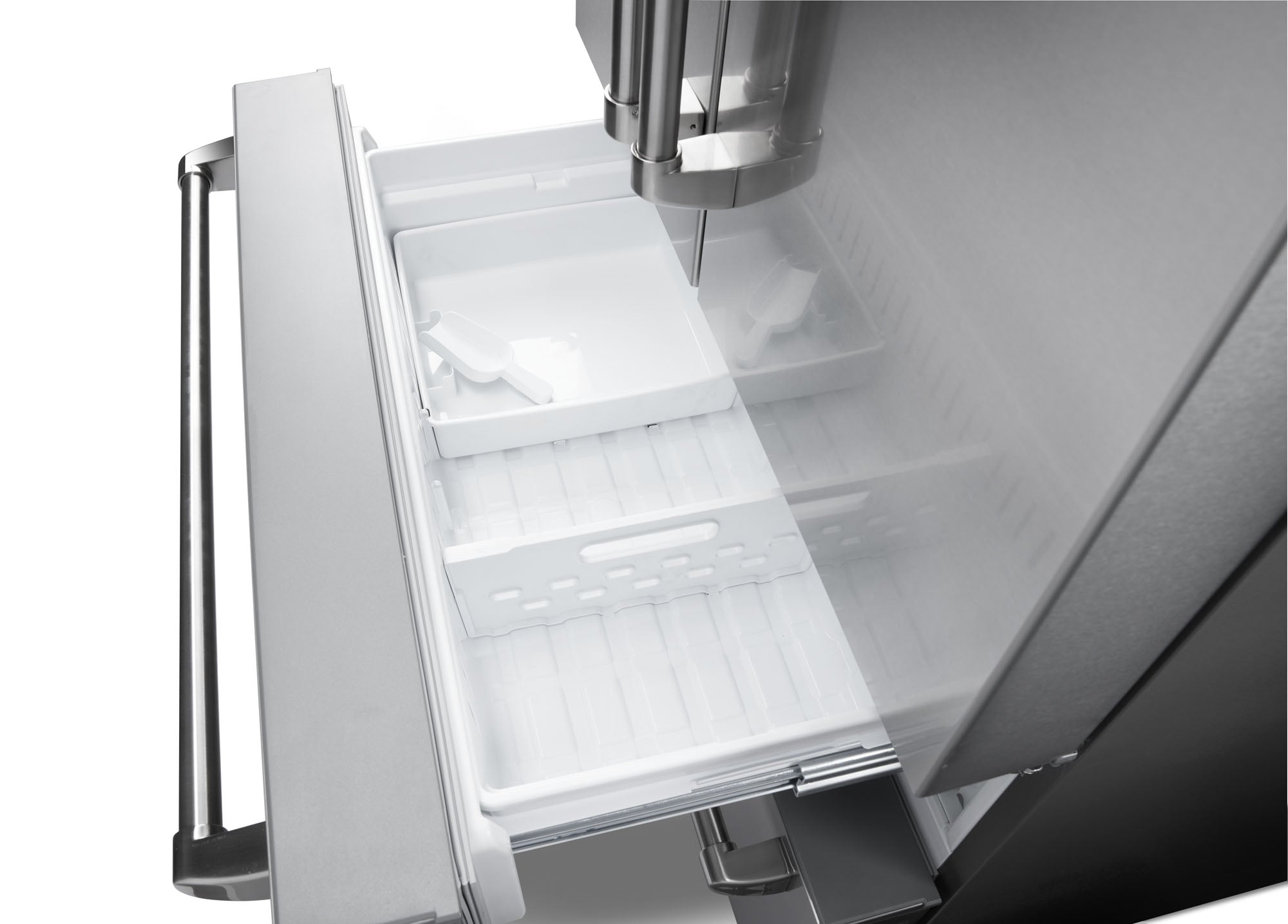 Freezer bin and shelving inside a French door refrigerator with ice maker area.