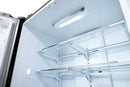 Refrigerator ceiling interior with LED light and overhead glass shelf supports.