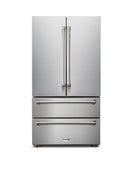 Stainless steel French door refrigerator with tall handles and ice maker door.
