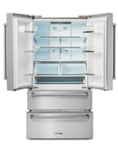 Stainless steel French door refrigerator with open doors and ice maker drawer
