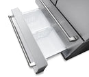 Freezer door open with interior bins and ice maker chute components.