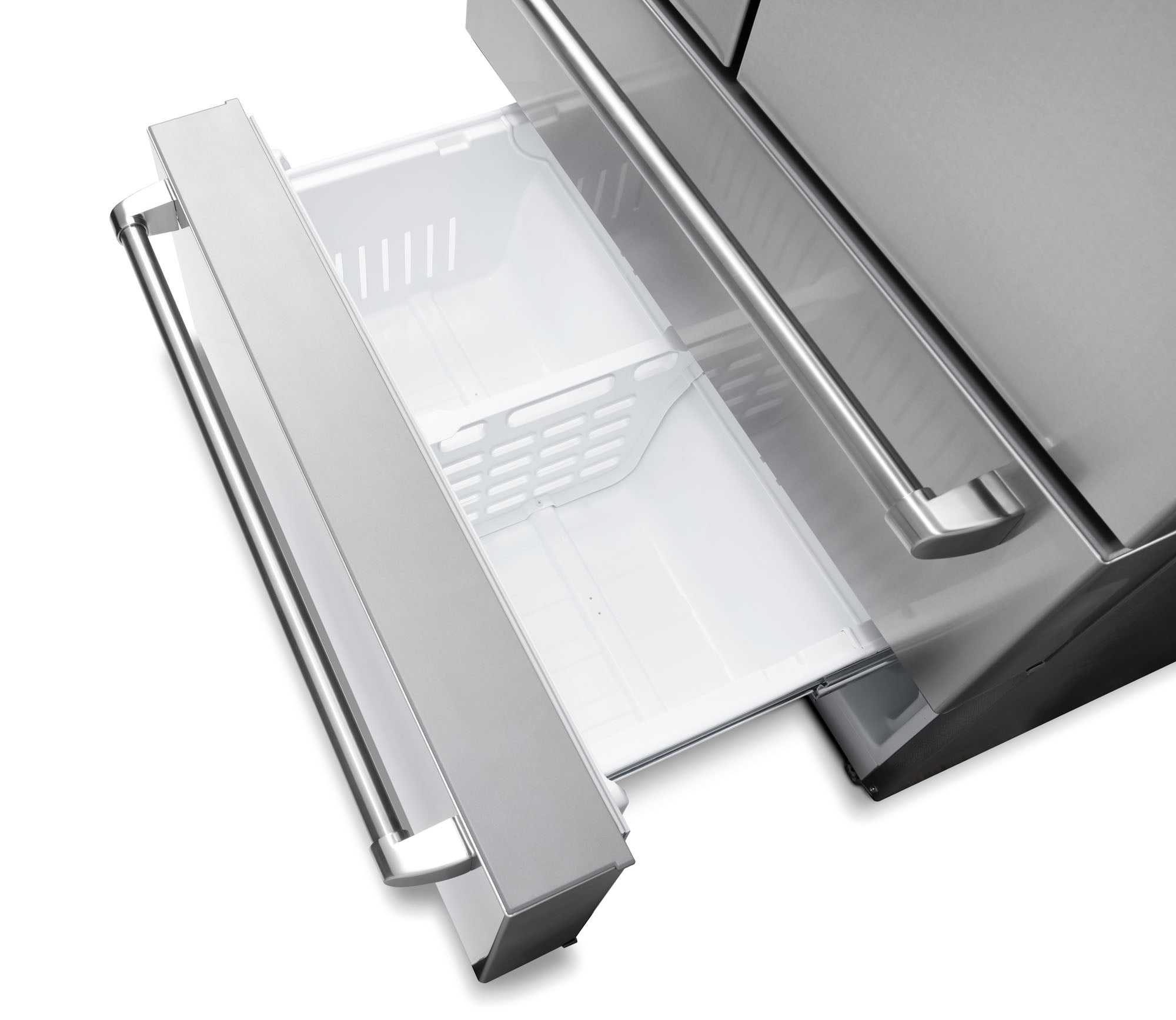 Freezer door open with interior bins and ice maker chute components.
