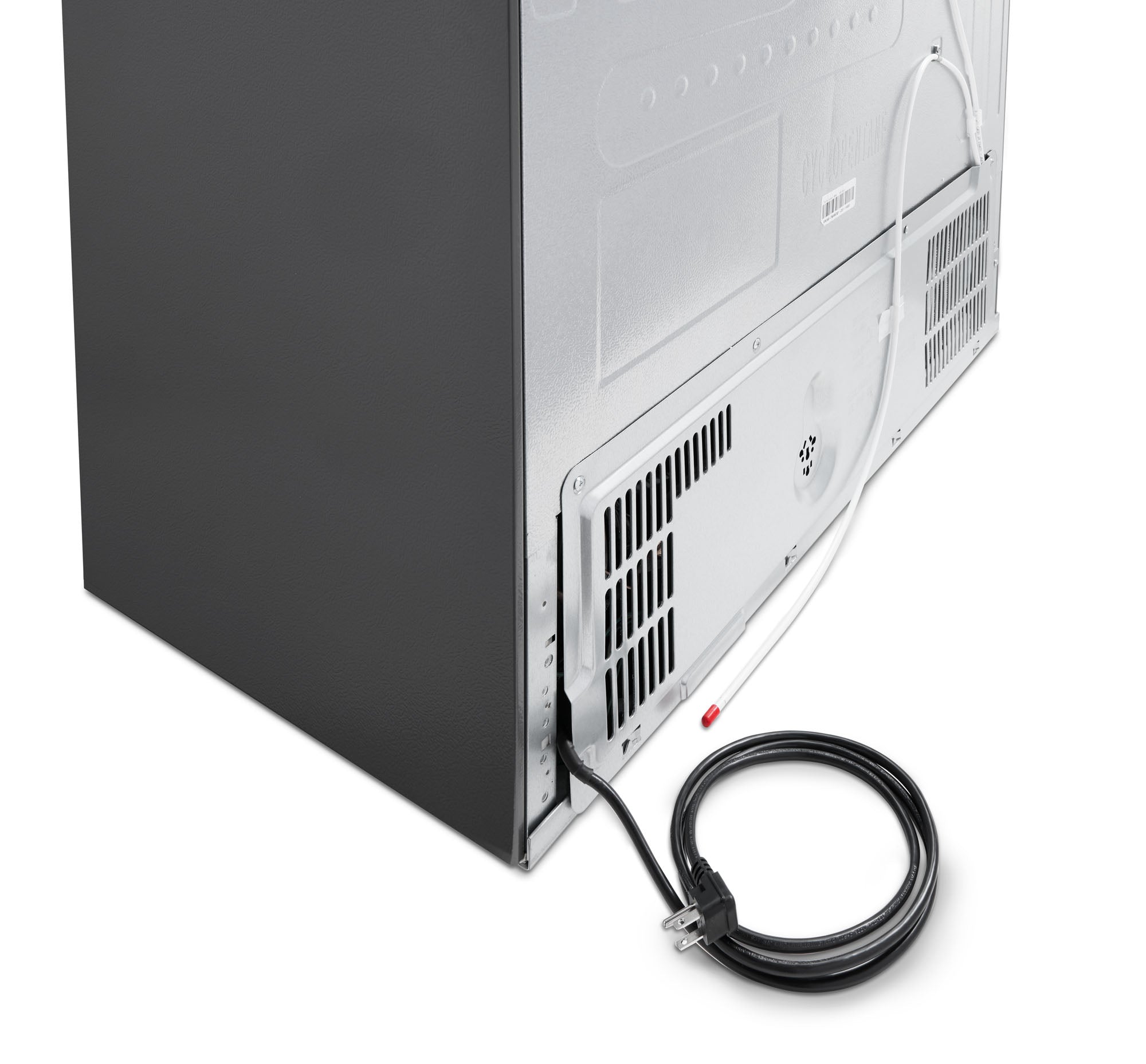 Refrigerator rear access panel with ventilation grilles and attached power cord.
