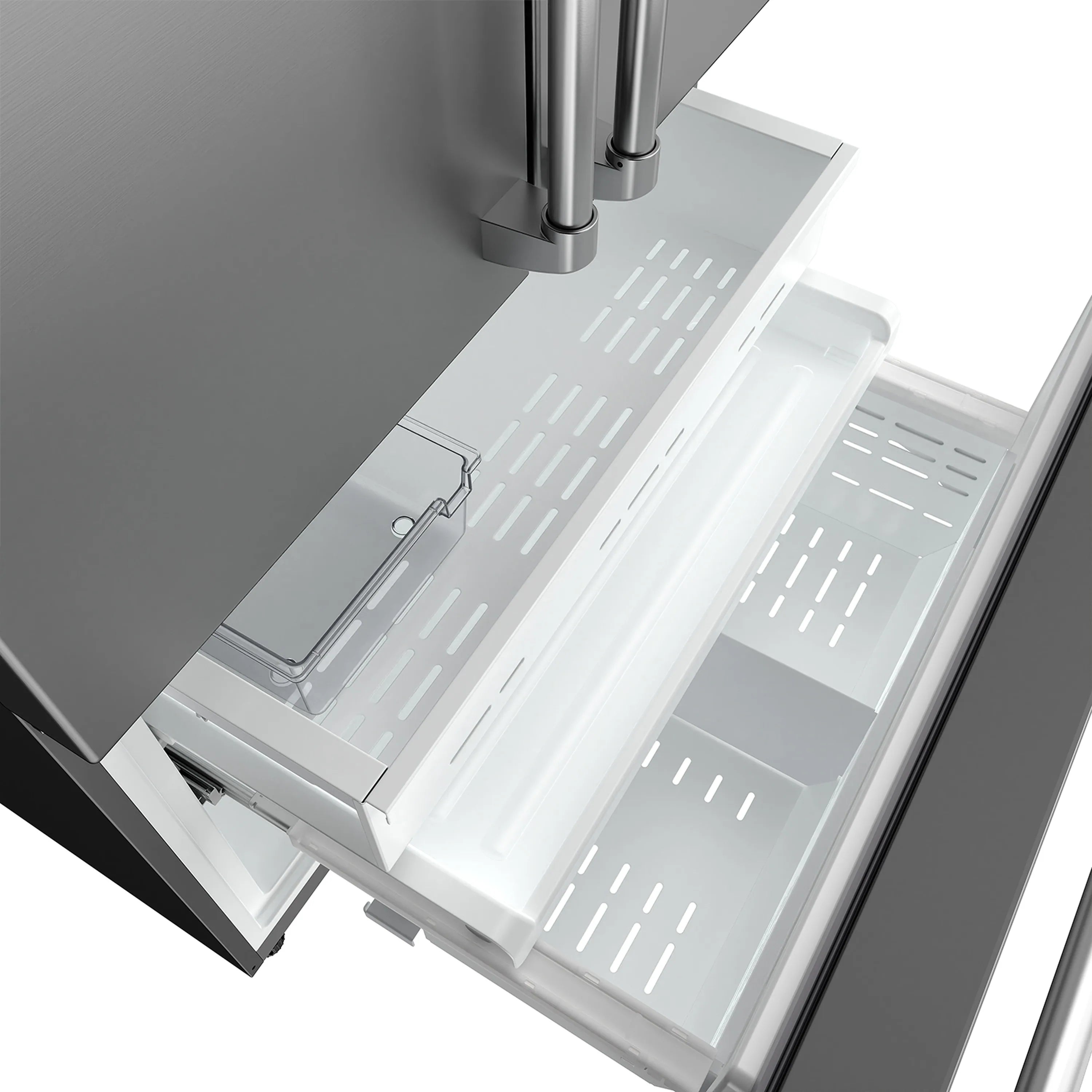 Refrigerator interior with door shelves and crisper drawers, open full-width
