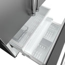 Refrigerator interior with door shelves and crisper drawers, open full-width