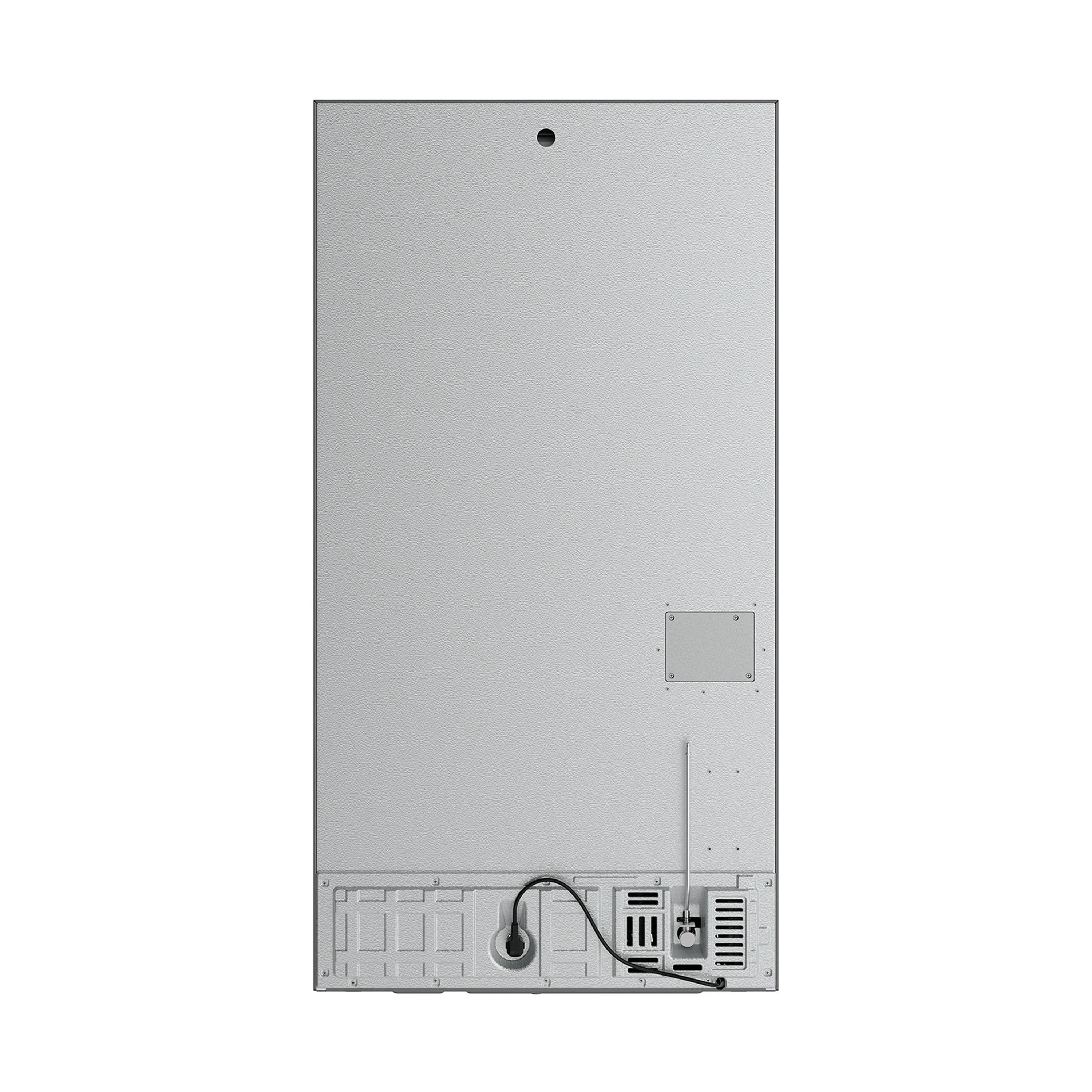 Rear panel of stainless 36-inch counter-depth French door refrigerator with access ports