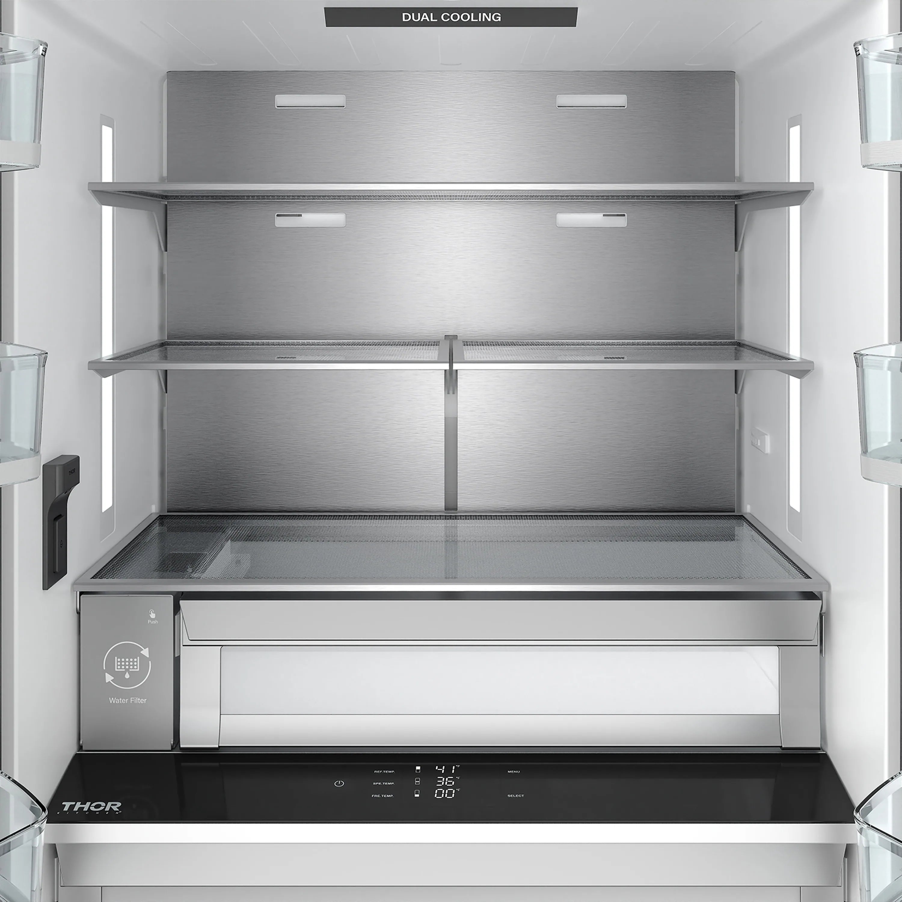 Dual cooling interior of stainless 36-inch refrigerator with adjustable shelves