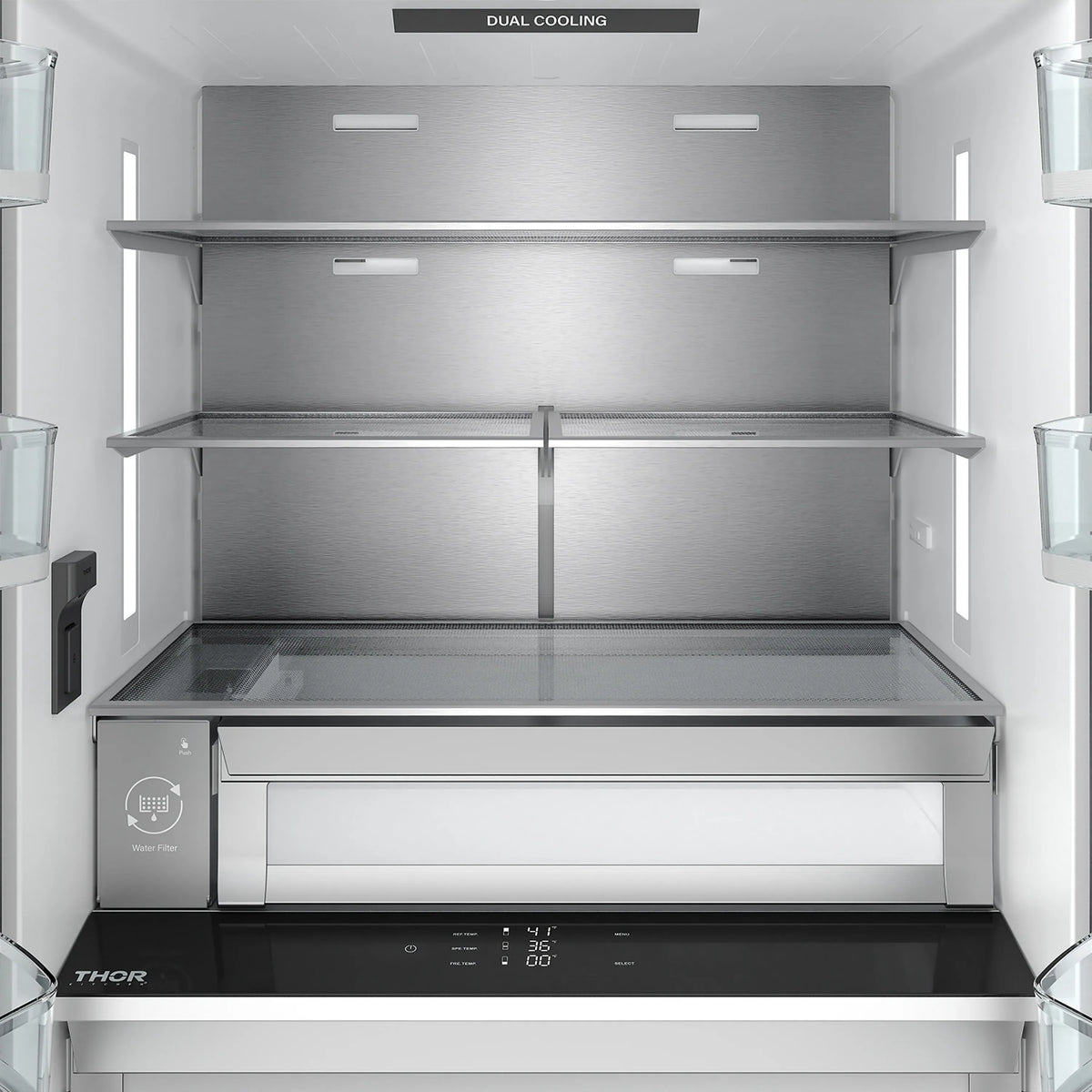 Dual cooling interior of stainless 36-inch refrigerator with adjustable shelves