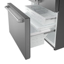 Stainless 36-inch refrigerator with open door and pull-out drawer bins