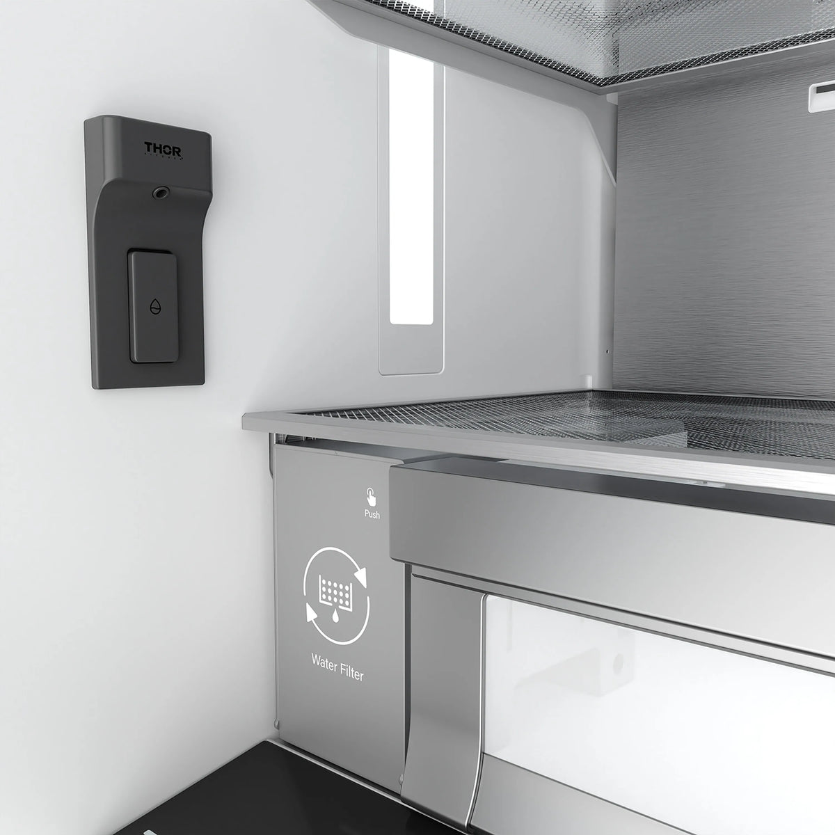 Stainless steel dishwasher with control panel and built-in front door