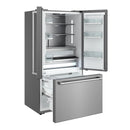 Freestanding French door refrigerator with open doors, visible fridge shelves and freezer drawer