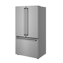 Freestanding French door refrigerator, side view with long vertical handles and curved bar pull