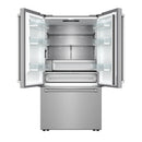 Open French door refrigerator interior with shelves and bottom freezer drawer