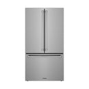 Stainless 36-inch counter-depth French door refrigerator with two doors and bottom freezer