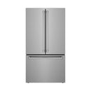 Front view stainless 36-inch counter-depth French door refrigerator with bottom freezer