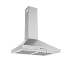Stainless wall-mounted chimney range hood front view with vent grille and buttons.