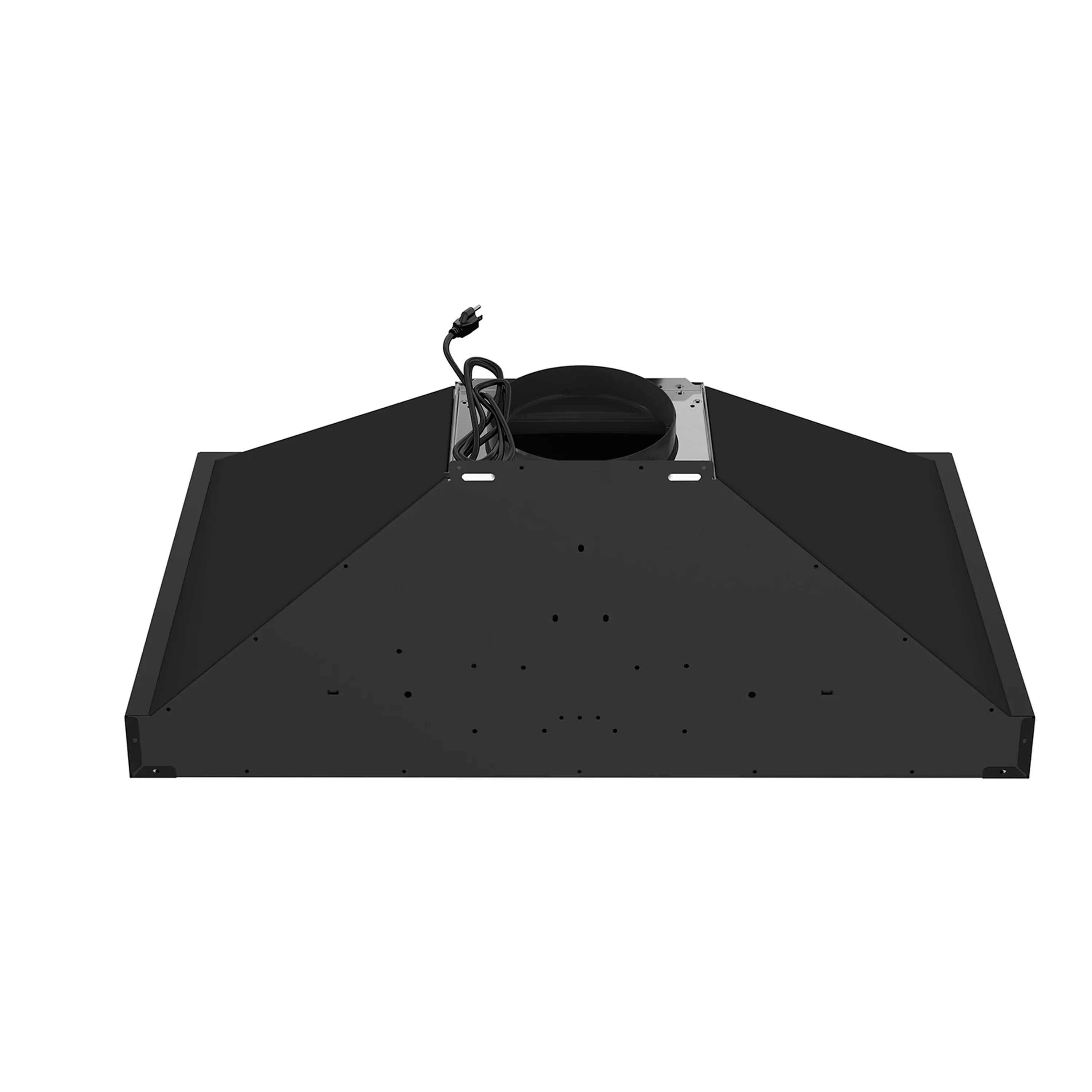 Underside view of black hood base with mounting brackets and wiring